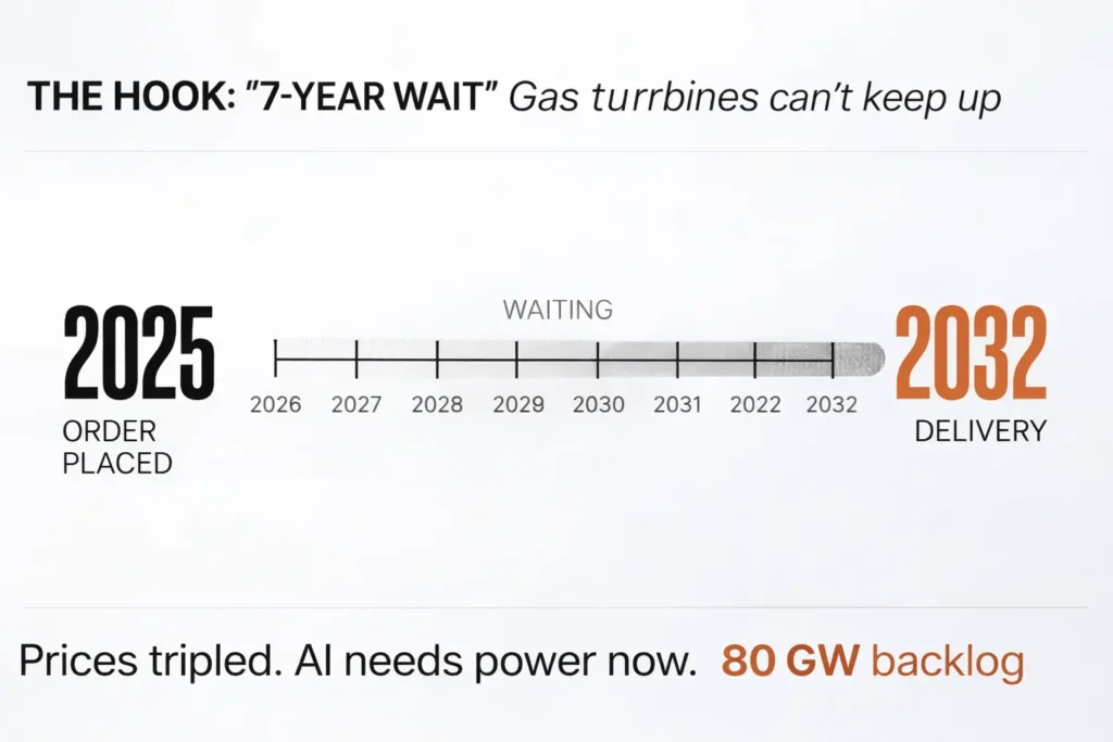 Infographic showing a 7-year gas turbine delivery wait, from 2025 order to 2032 delivery, with an 80 GW backlog noted.