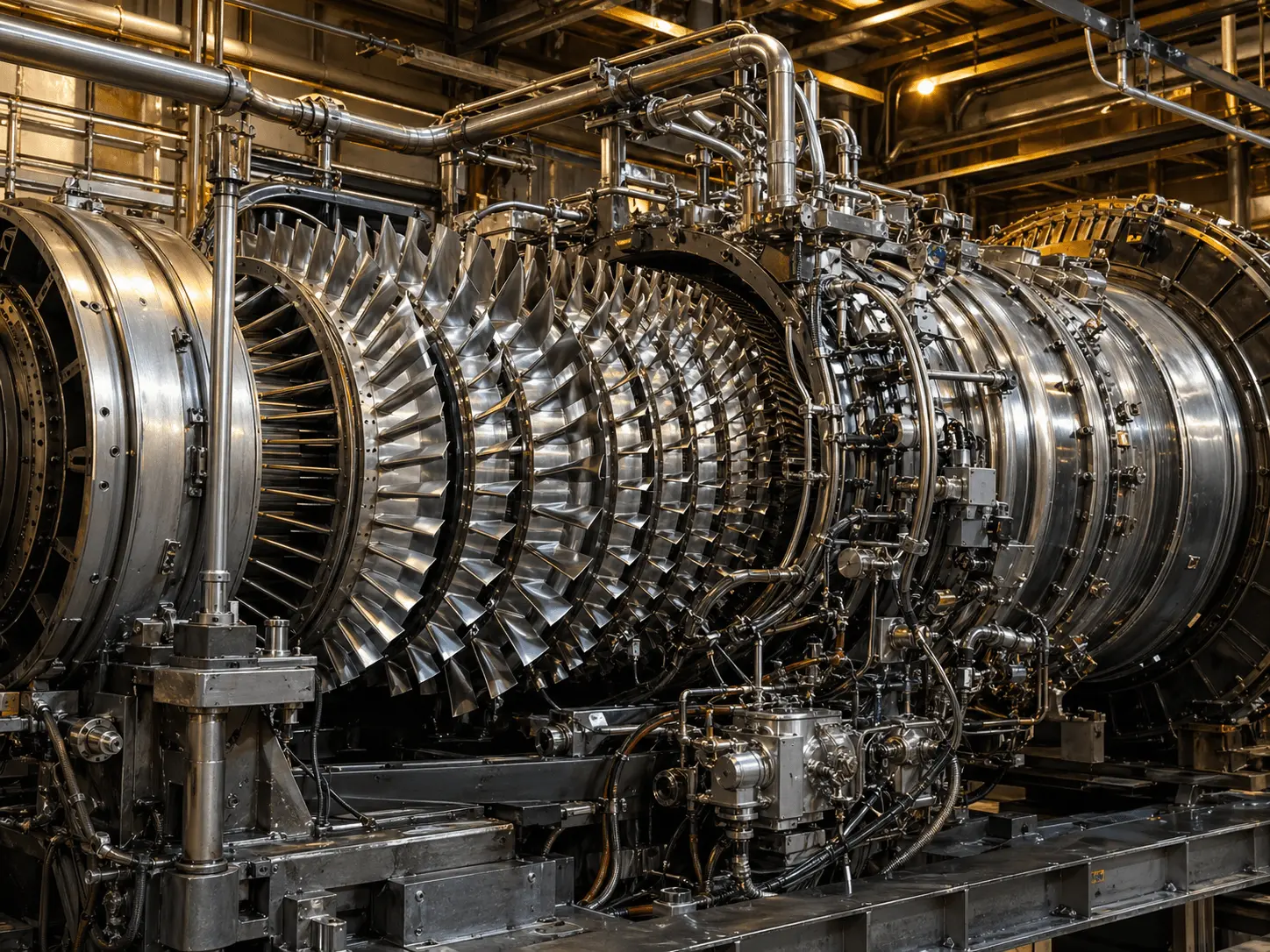 Industrial gas turbine assembly showing rows of precision-cast superalloy blades and rotor stages in a manufacturing facility