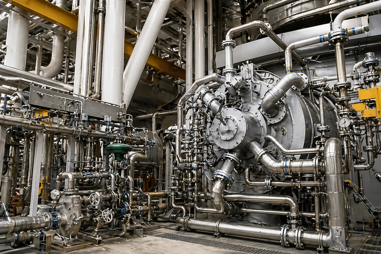 Industrial gas turbine installed in a power generation facility surrounded by piping, valves, and hot gas path components