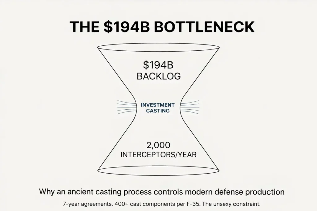Hourglass diagram illustrating investment casting as a $194B bottleneck limiting defense production to 2,000 interceptors per year.