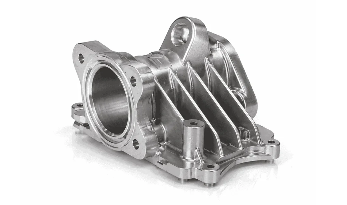 Precision investment-cast aluminum motor housing with integrated cooling fins and mounting flanges for UAV propulsion systems.