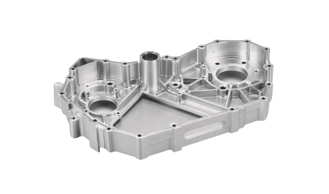 Complex precision-cast aluminum gearbox housing with dual motor mounts and integrated transmission case for UAV drive systems.