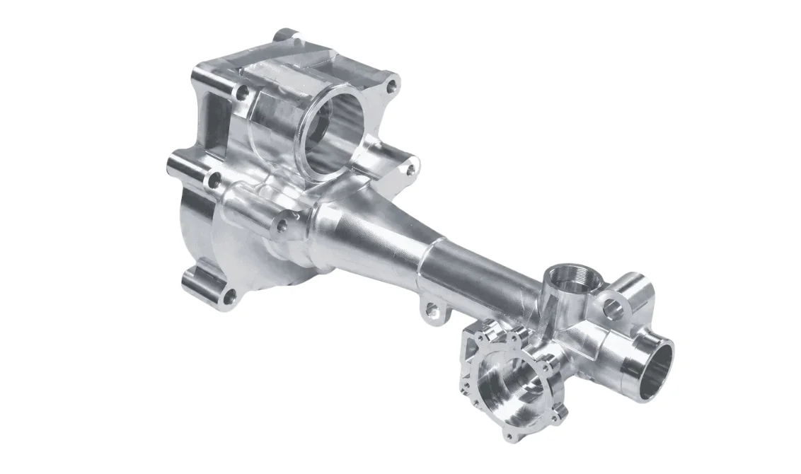 Multi-part precision investment-cast aluminum drive assembly with motor coupling, shaft housing, and gear mount for drone propulsion.