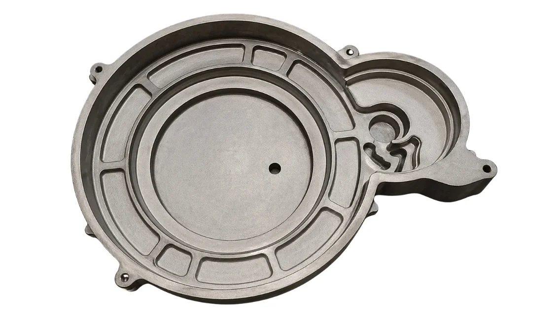 Precision investment-cast aluminum motor case cover with integrated cooling fins and precision mounting holes for EV powertrain assemblies.