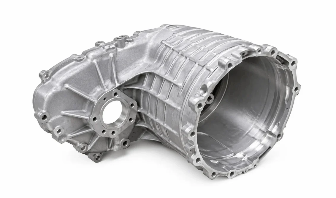Large-scale aluminum investment-cast electric drivetrain housing with integrated ribbed structure and motor mounting flange for EV transmission systems.