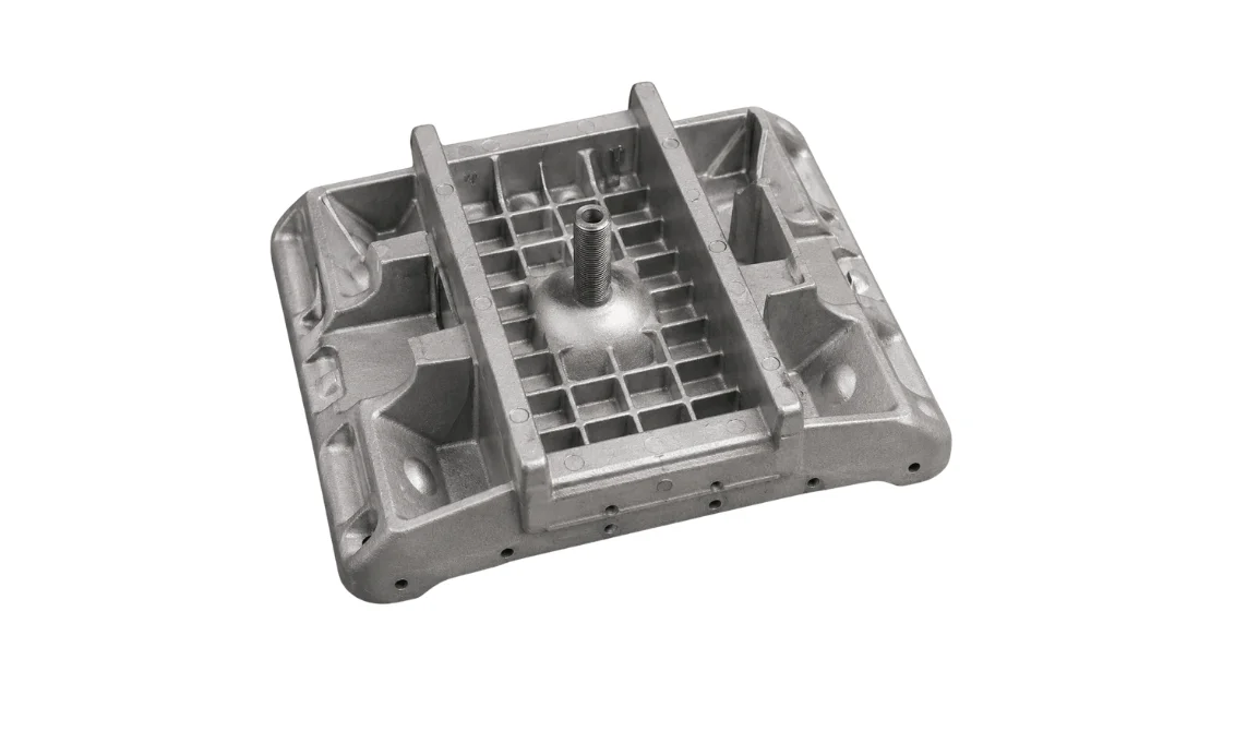Complex precision-cast aluminum battery or power module mounting bracket with integrated grid structure and internal passage channels for EV structural support.