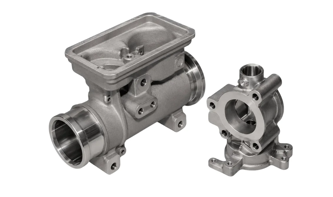 Multi-component precision investment-cast aluminum EV powertrain parts including motor case, valve housing, and coolant manifold assembly for electric vehicle systems.