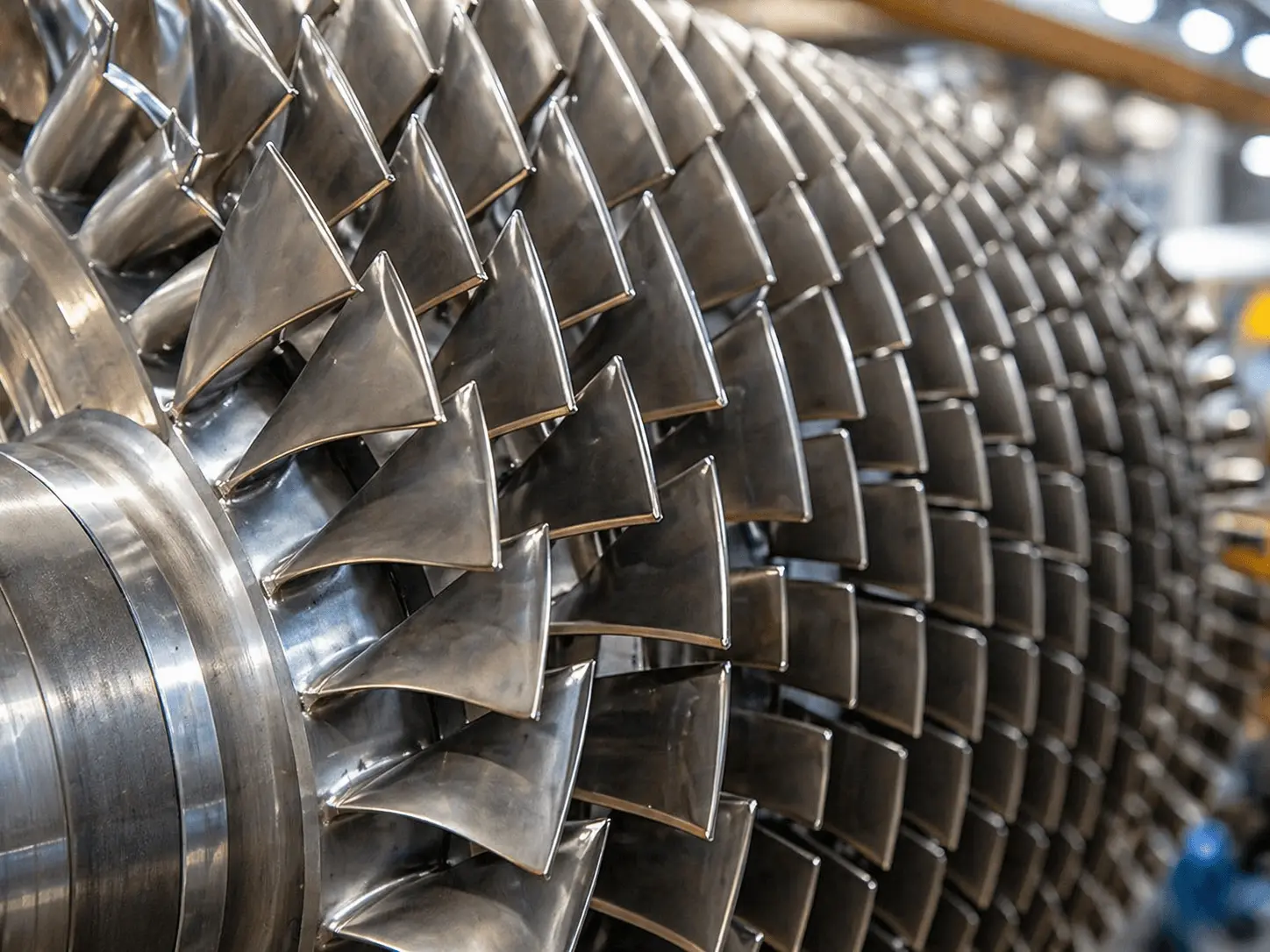Close-up of repaired industrial gas turbine compressor blades on a rotor assembly after superalloy component restoration