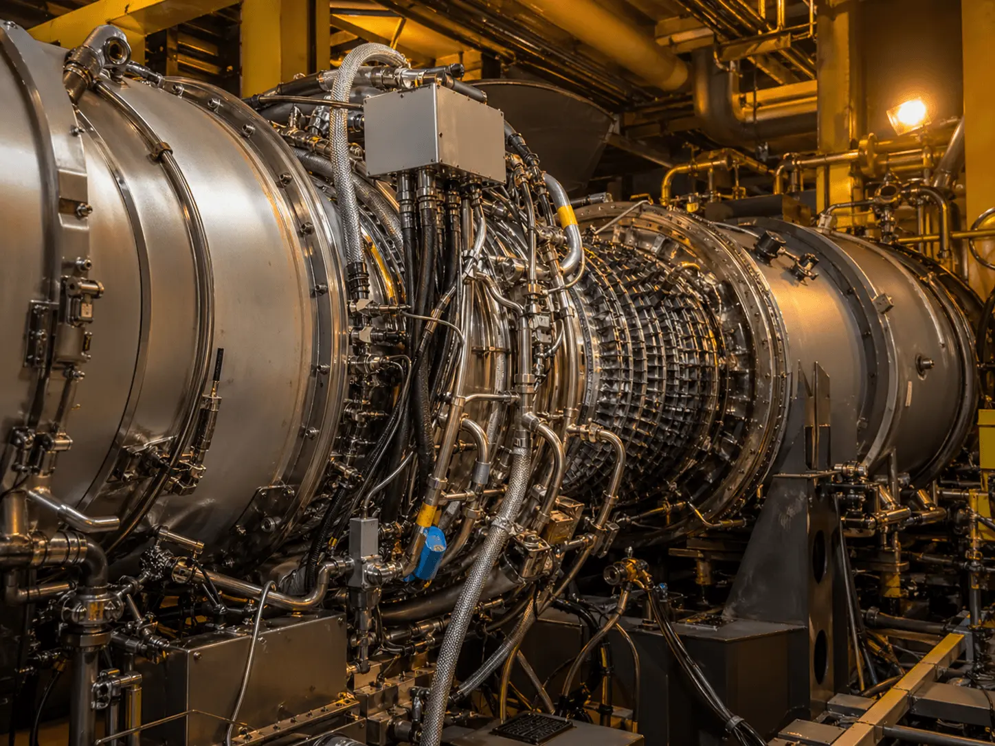 Industrial gas turbine engine during repair with instrumentation wiring and sensor connections across the combustor section