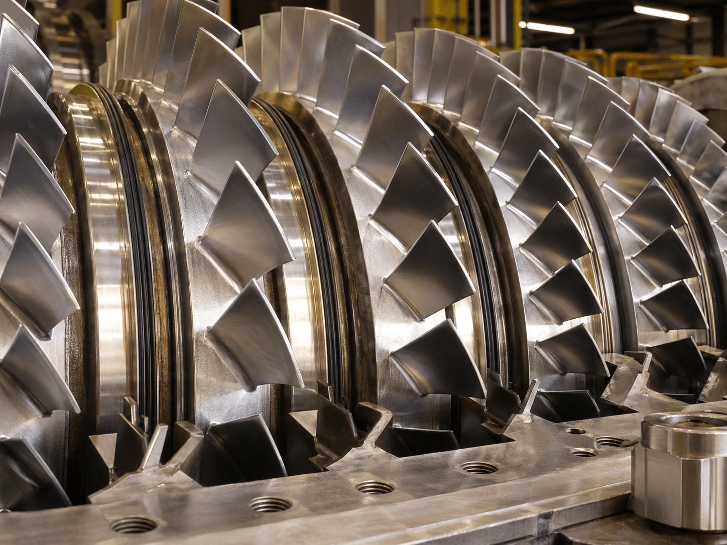 Rows of precision-cast industrial turbine blades mounted on a rotor stage during superalloy component manufacturing