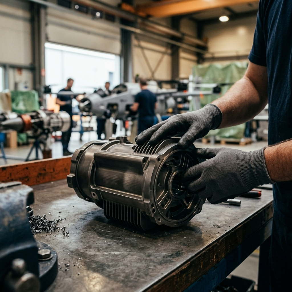 Worker inspecting a machined metal component in a manufacturing facility